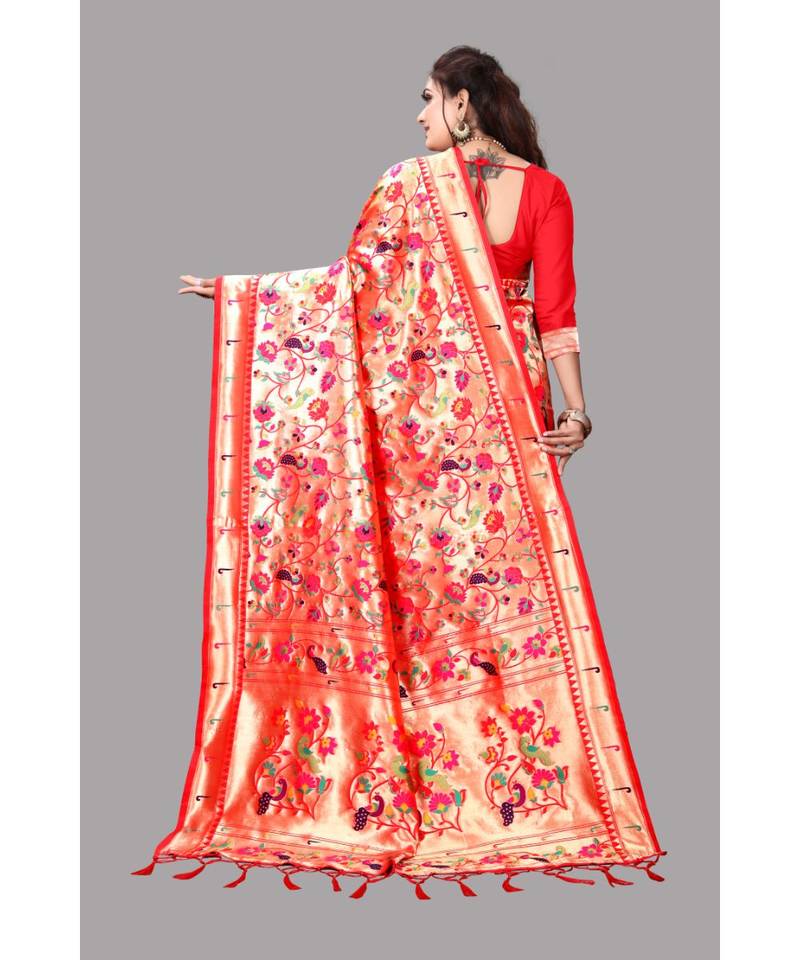 Red Paithani Pure Silk Saree With Blouse