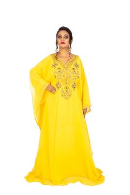 Yellow Wedding Farasha /Abaya/Gown/Gold Embellished Kaftan Maxi Dress 1