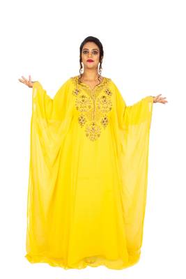 Yellow Wedding Farasha /Abaya/Gown/Gold Embellished Kaftan Maxi Dress 2