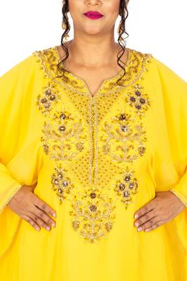 Yellow Wedding Farasha /Abaya/Gown/Gold Embellished Kaftan Maxi Dress 3