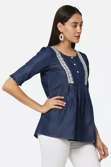 Navy-blue embroidered denim tunics