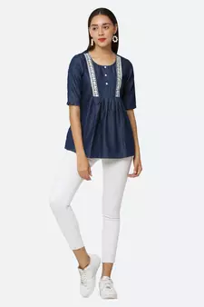 Navy-blue embroidered denim tunics
