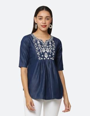 Navy-blue embroidered denim tunics 1