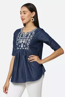 Navy-blue embroidered denim tunics