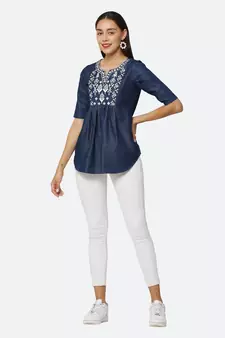 Navy-blue embroidered denim tunics
