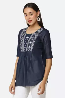 Navy-blue embroidered denim tunics