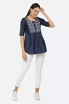 Navy-blue embroidered denim tunics