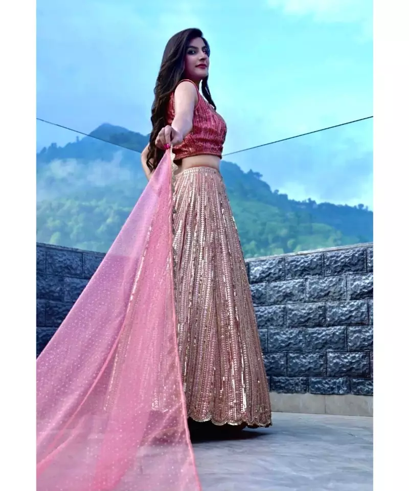 Gorgeous shades of pink antique lehenga