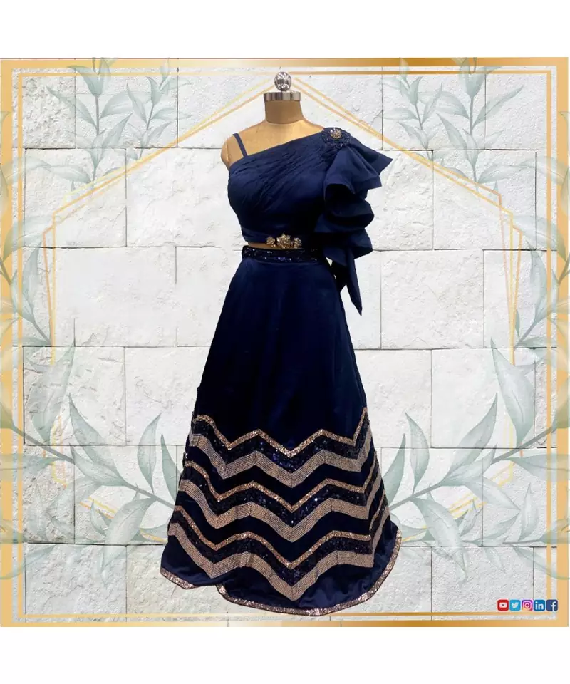 Designer one shoulder crop top with sequin lehenga