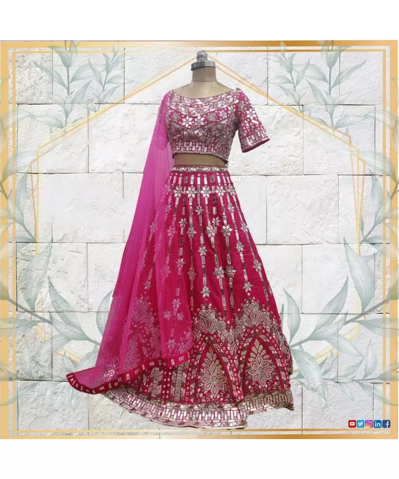 Premium leather work embroidered fushsia pink lehenga