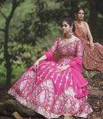 Premium leather work embroidered fushsia pink lehenga