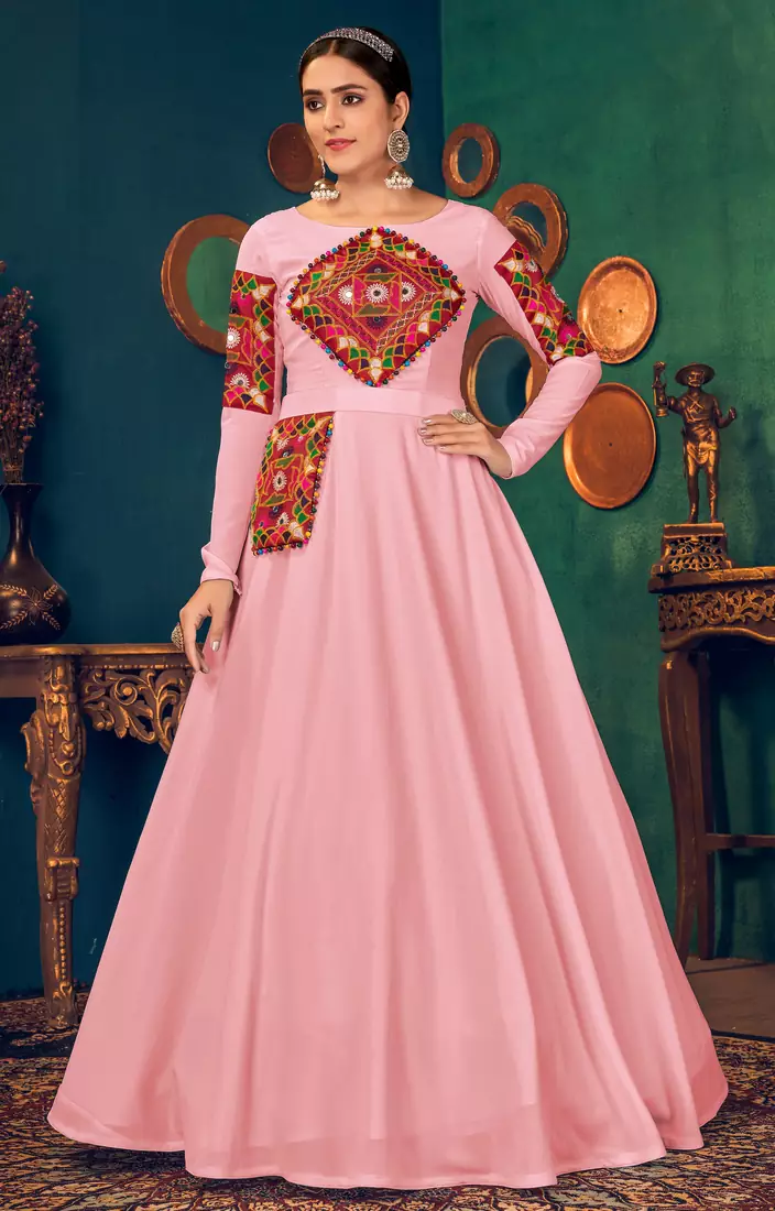 Pink embroidered georgette EVENING LONG GOWN
