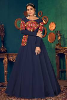 Blue embroidered georgette EVENING LONG GOWN