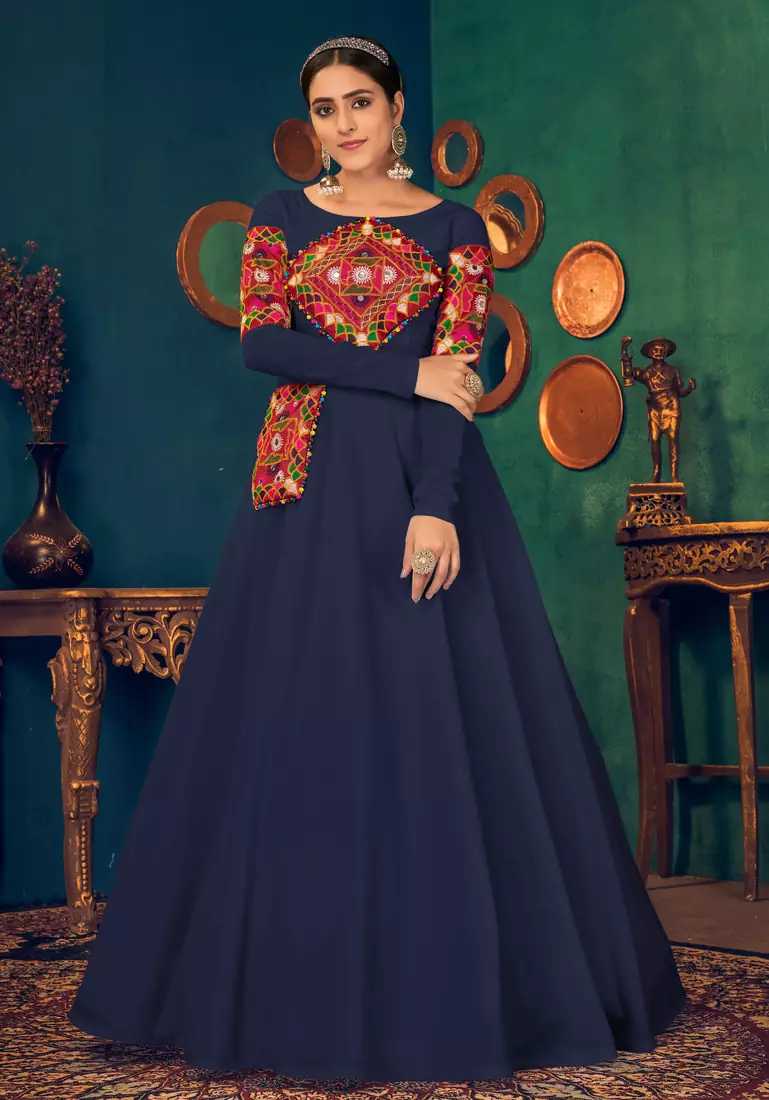 Blue embroidered georgette EVENING LONG GOWN