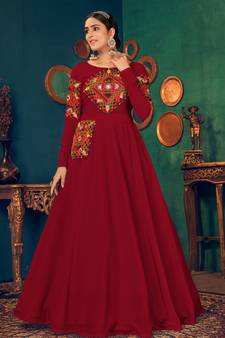 Red embroidered georgette EVENING LONG GOWN