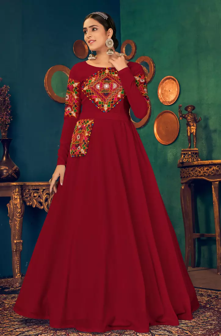 Red embroidered georgette EVENING LONG GOWN