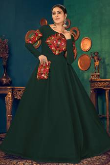 Green embroidered georgette EVENING LONG GOWN