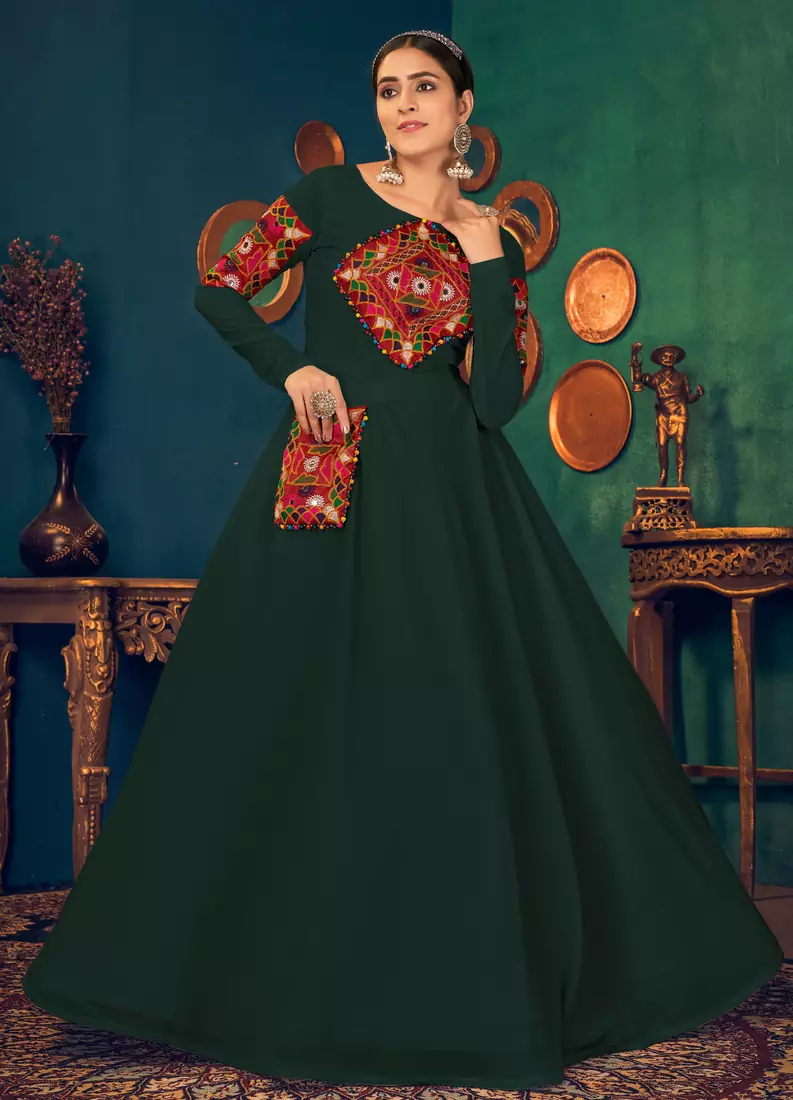 Green embroidered georgette EVENING LONG GOWN