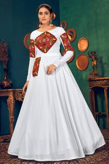 White embroidered georgette EVENING LONG GOWN