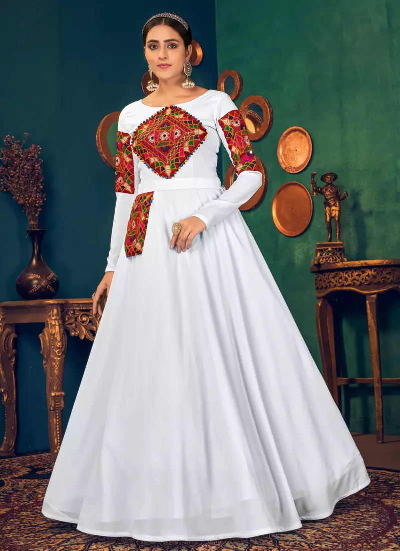 White embroidered georgette EVENING LONG GOWN