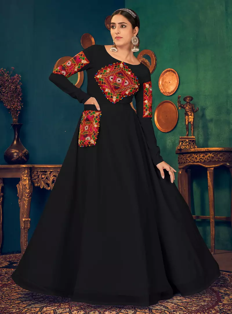 Black embroidered georgette EVENING LONG GOWN