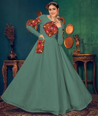 Light-green embroidered georgette EVENING LONG GOWN 1