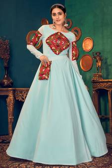 Sky-blue embroidered georgette EVENING LONG GOWN