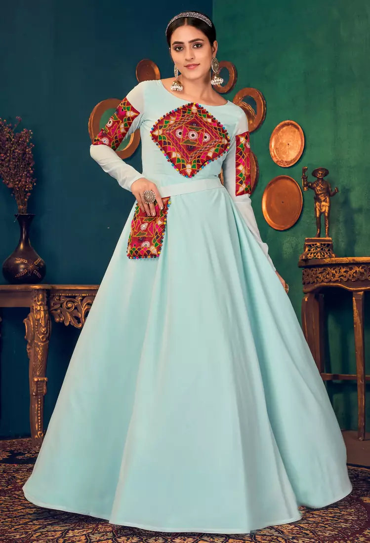 Sky-blue embroidered georgette EVENING LONG GOWN