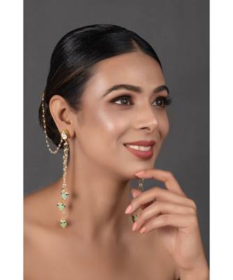 Gold Tone Kundan Inspired Pearl Tassel Earrings with Hair Chain 1