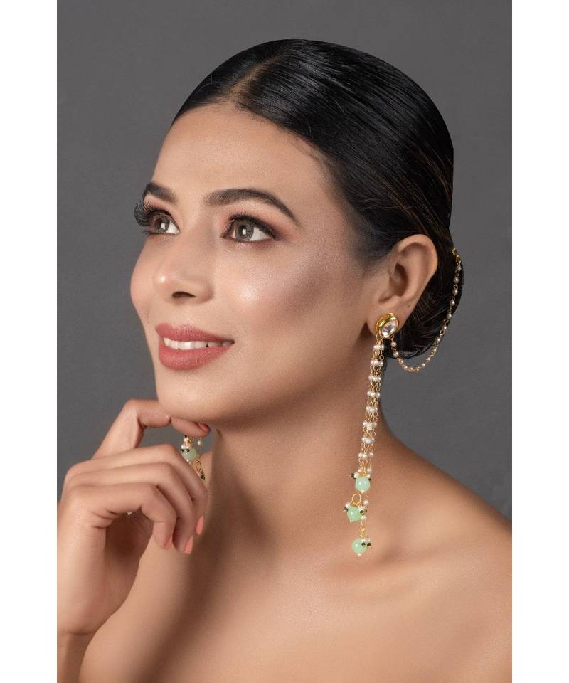 Gold Tone Kundan Inspired Pearl Tassel Earrings with Hair Chain