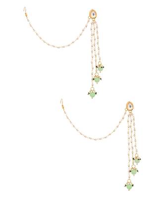 Gold Tone Kundan Inspired Pearl Tassel Earrings with Hair Chain 3