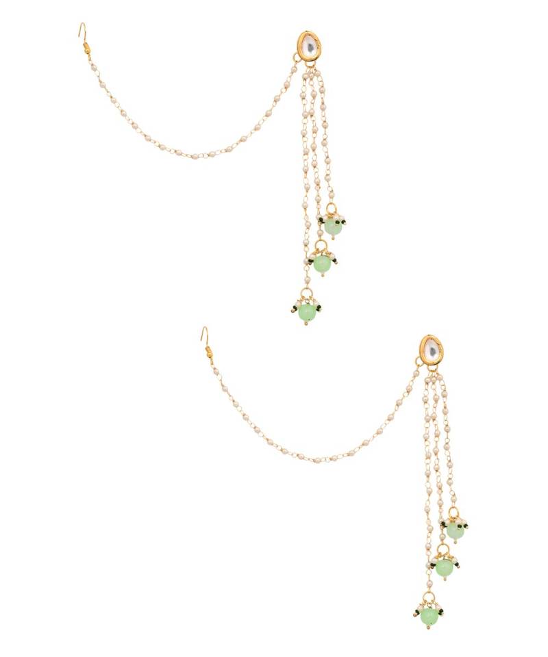 Gold Tone Kundan Inspired Pearl Tassel Earrings with Hair Chain