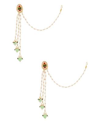 Gold Tone Kundan Inspired Pearl Tassel Earrings with Hair Chain 4