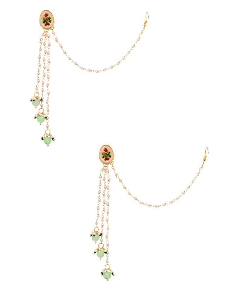 Gold Tone Kundan Inspired Pearl Tassel Earrings with Hair Chain