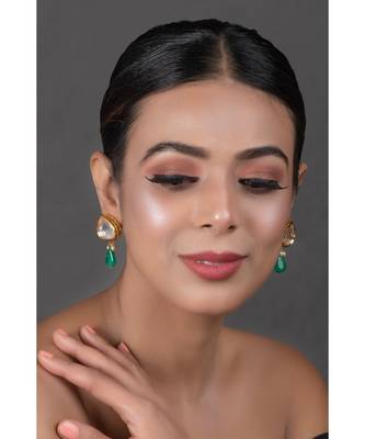 Gold tone Emerald beaded kundan contemporary studs 1