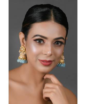 Gold tone Blue Pearl beaded kundan Jhumki 1