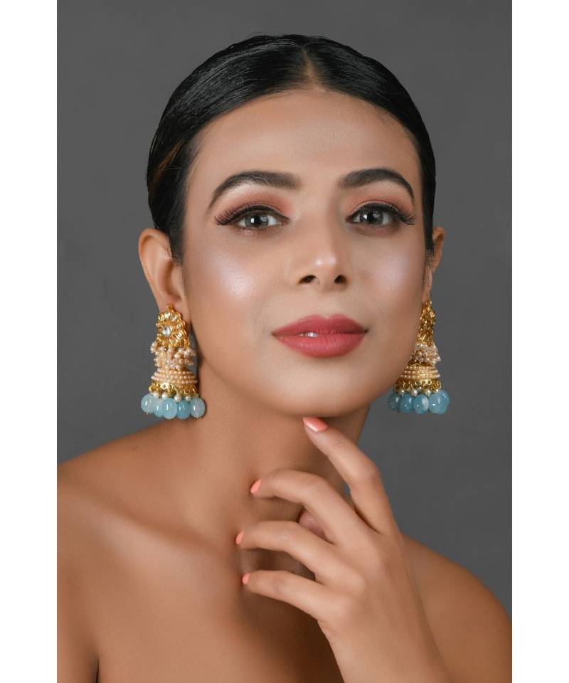 Gold tone Blue Pearl beaded kundan Jhumki