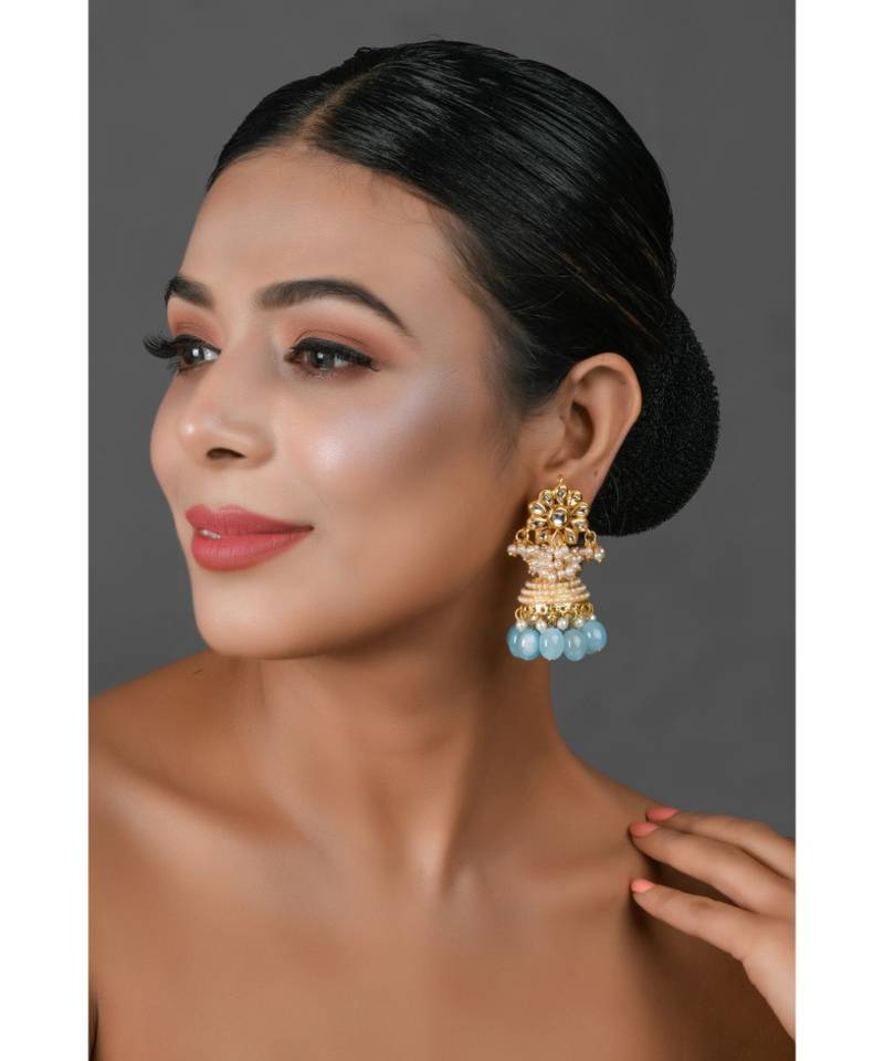 Gold tone Blue Pearl beaded kundan Jhumki