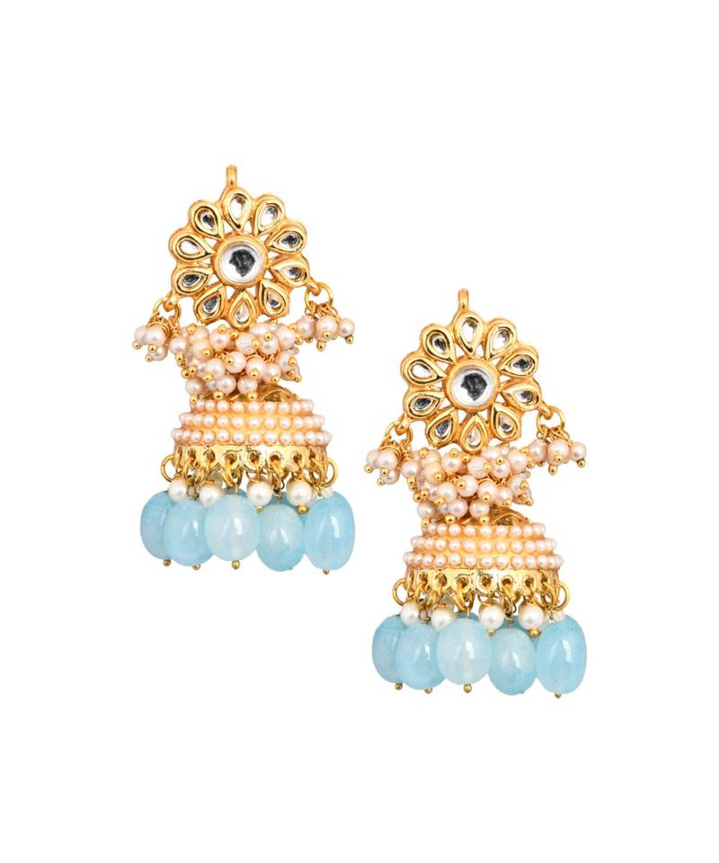 Gold tone Blue Pearl beaded kundan Jhumki
