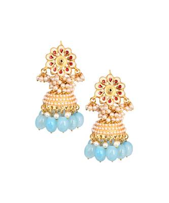 Gold tone Blue Pearl beaded kundan Jhumki 5