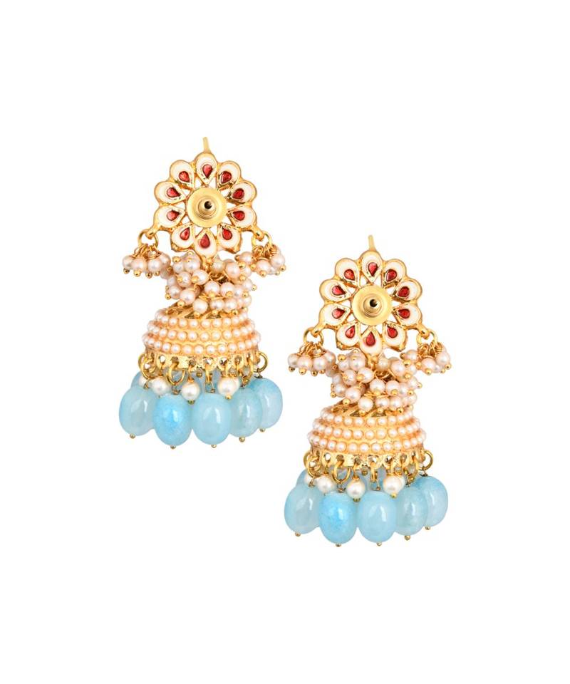 Gold tone Blue Pearl beaded kundan Jhumki