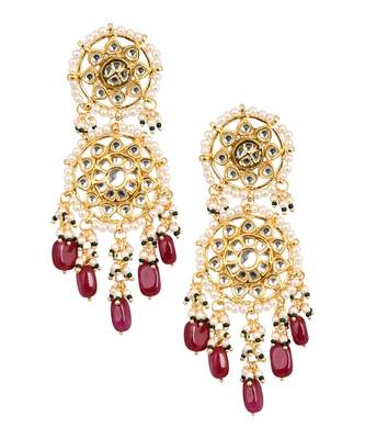 Mahroon Beaded Handcrafted Circular shaped Kundan earrings 3