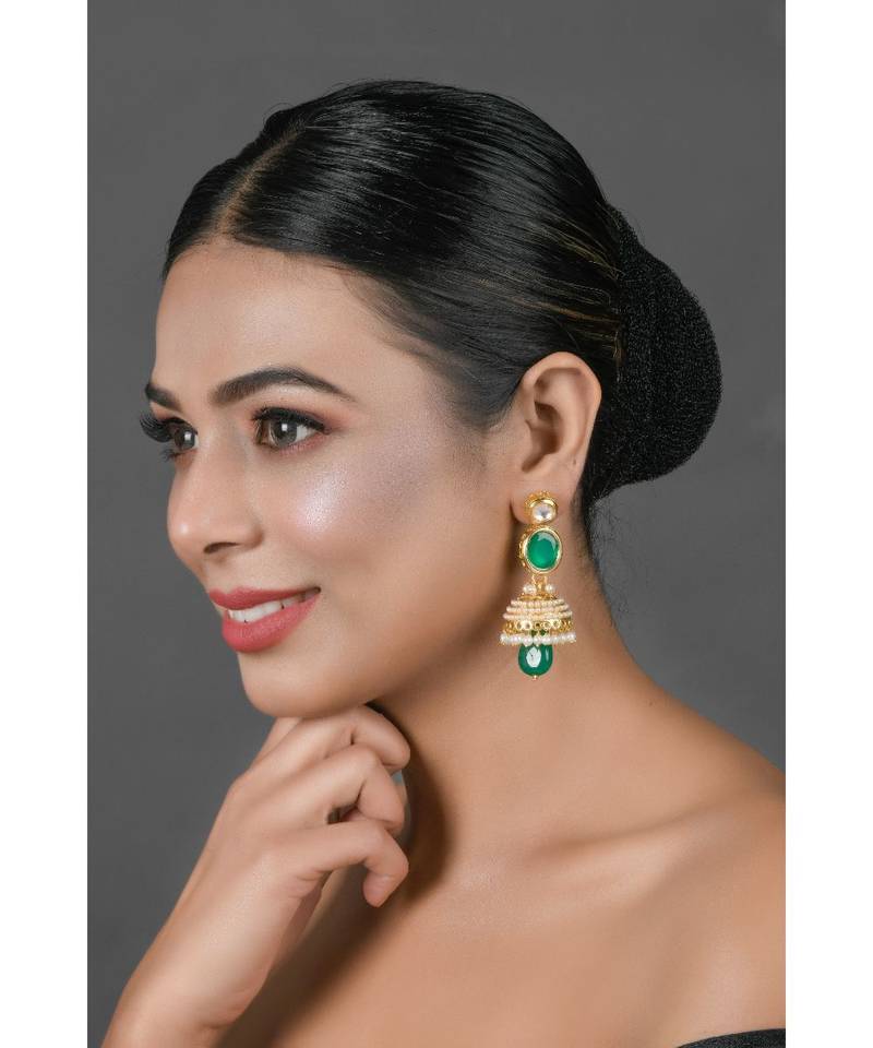 Green Gold toned Pearl beaded Kundan Jhumki