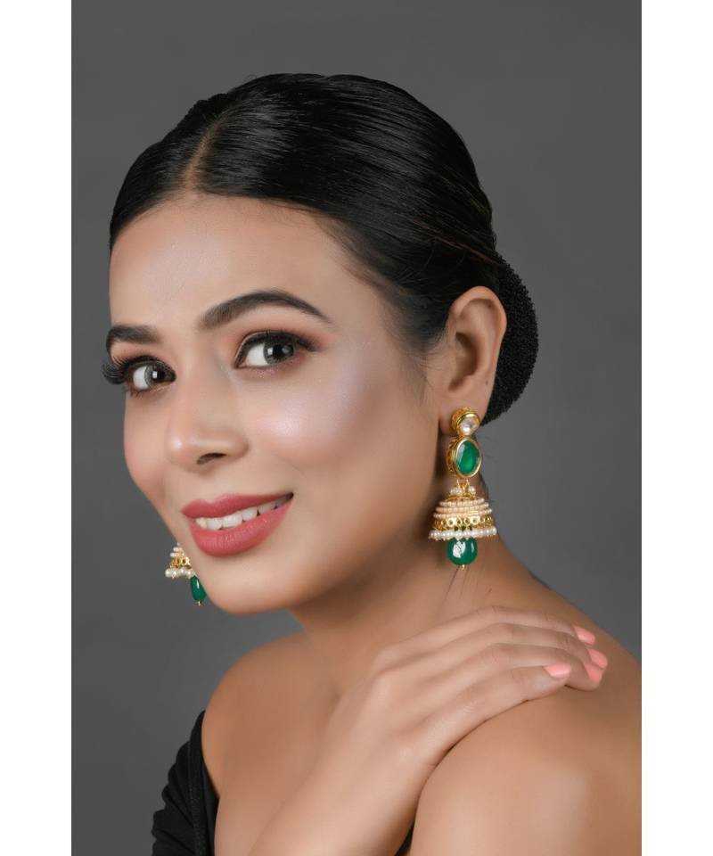 Green Gold toned Pearl beaded Kundan Jhumki