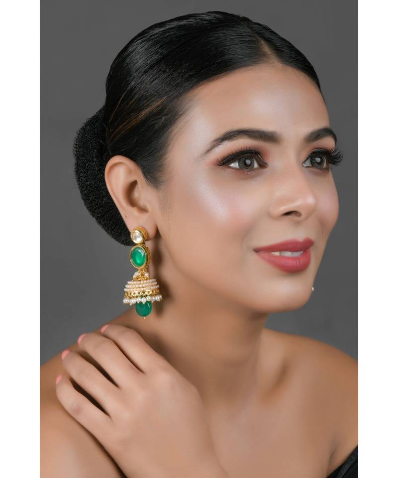 Green Gold toned Pearl beaded Kundan Jhumki