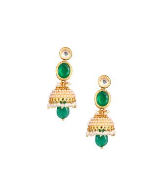 Green Gold toned Pearl beaded Kundan Jhumki 5