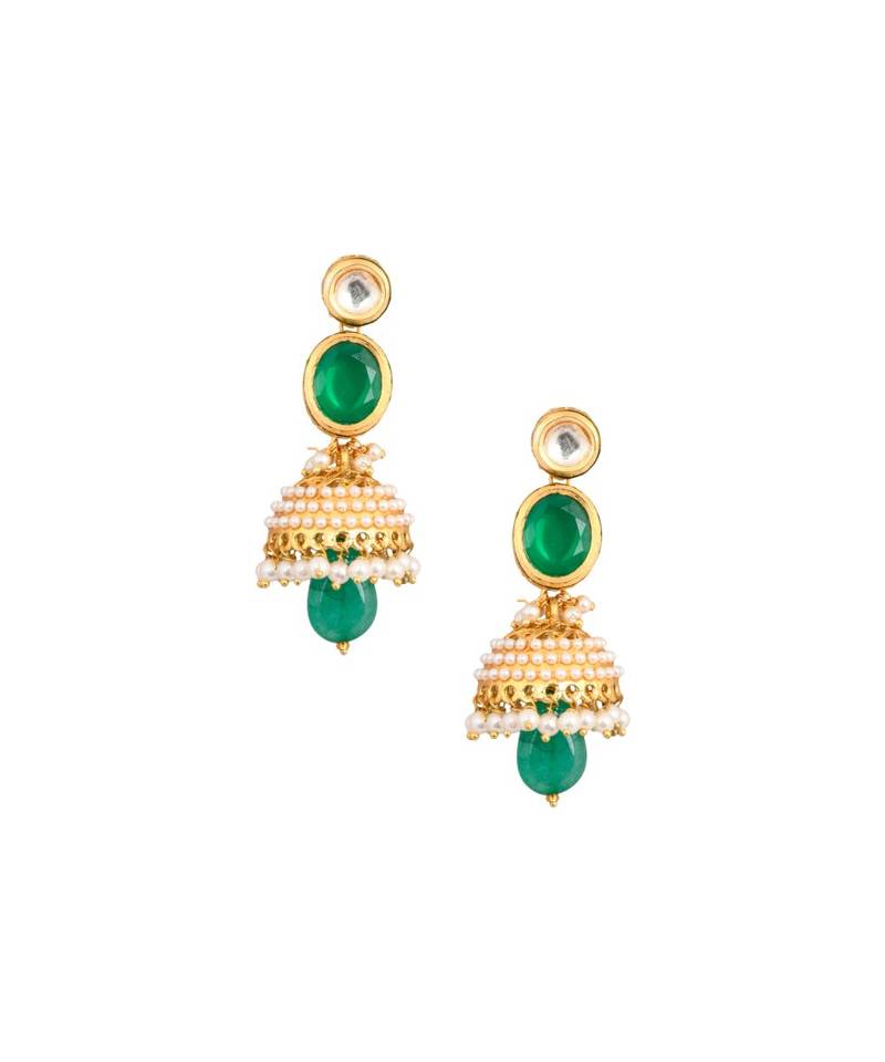 Green Gold toned Pearl beaded Kundan Jhumki