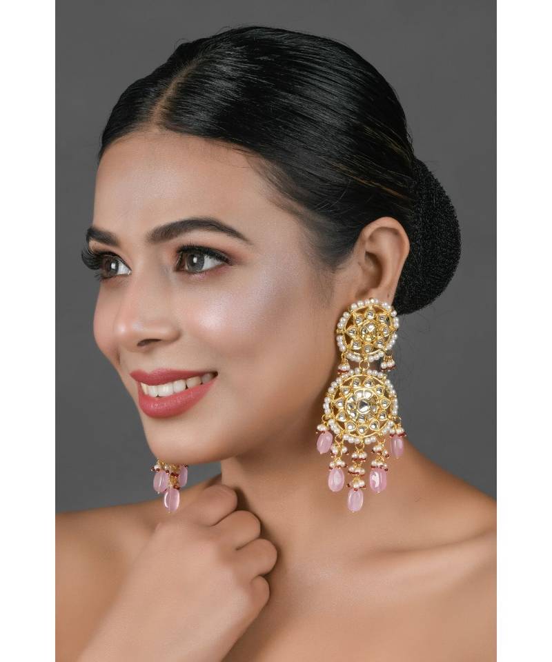 Pink beaded Handcrafted Kundan earrings