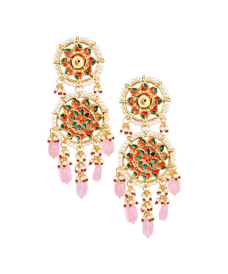 Pink beaded Handcrafted Kundan earrings