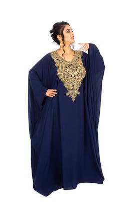 Navy Blue Wedding Farasha /Abaya/Gown/Gold Embellished Kaftan Maxi Dress 1
